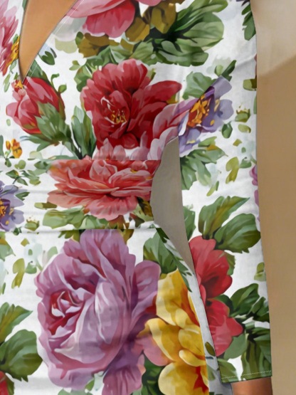 Vibrant Peony Floral V-Neck Bodycon Midi Dress TLD5241