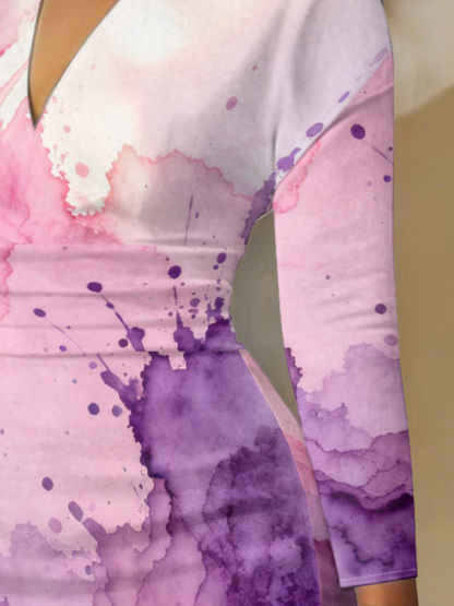 Purple Watercolor Tie-Dye V-Neck Bodycon Midi Dress MQB3865