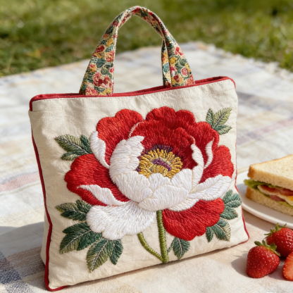 Red & White Peony Quilted Tote Bag ZDAI7513
