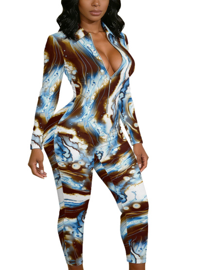 Marble Swirl Long Sleeve Zip-Up Jumpsuit