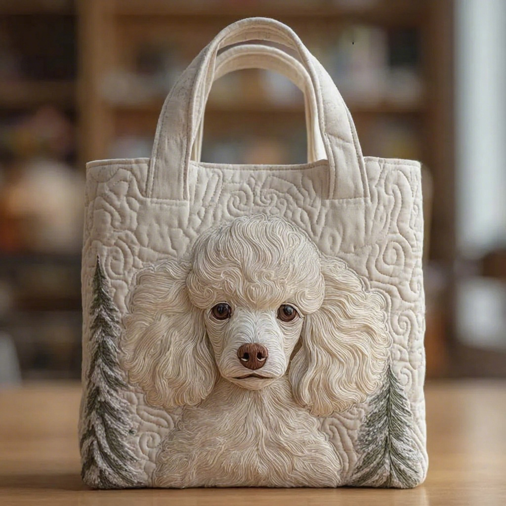 Holiday Reindeer Poodle White Quilted Tote Bag