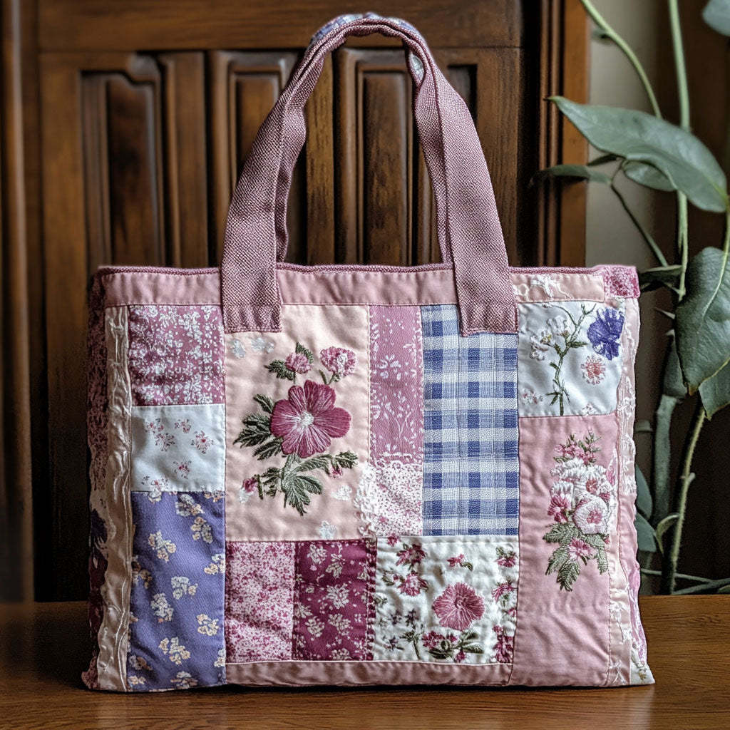 Vintage Patchwork Bloom  Quilted Tote Bag  botanical print