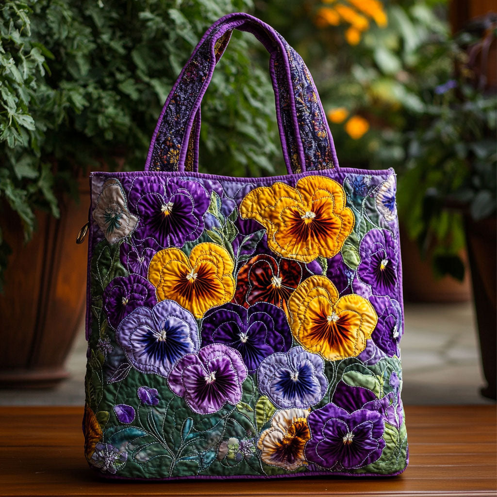 Elegant Pansy Quilted Tote Bag  botanical print