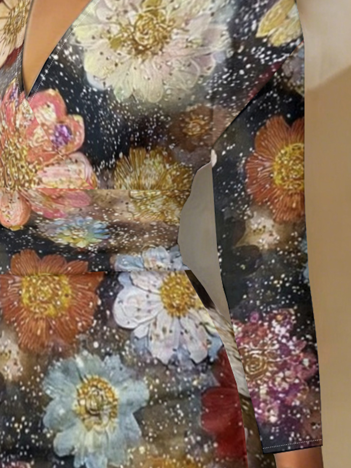 Vintage Floral Oil  V-Neck Bodycon Midi Dress NXR2519