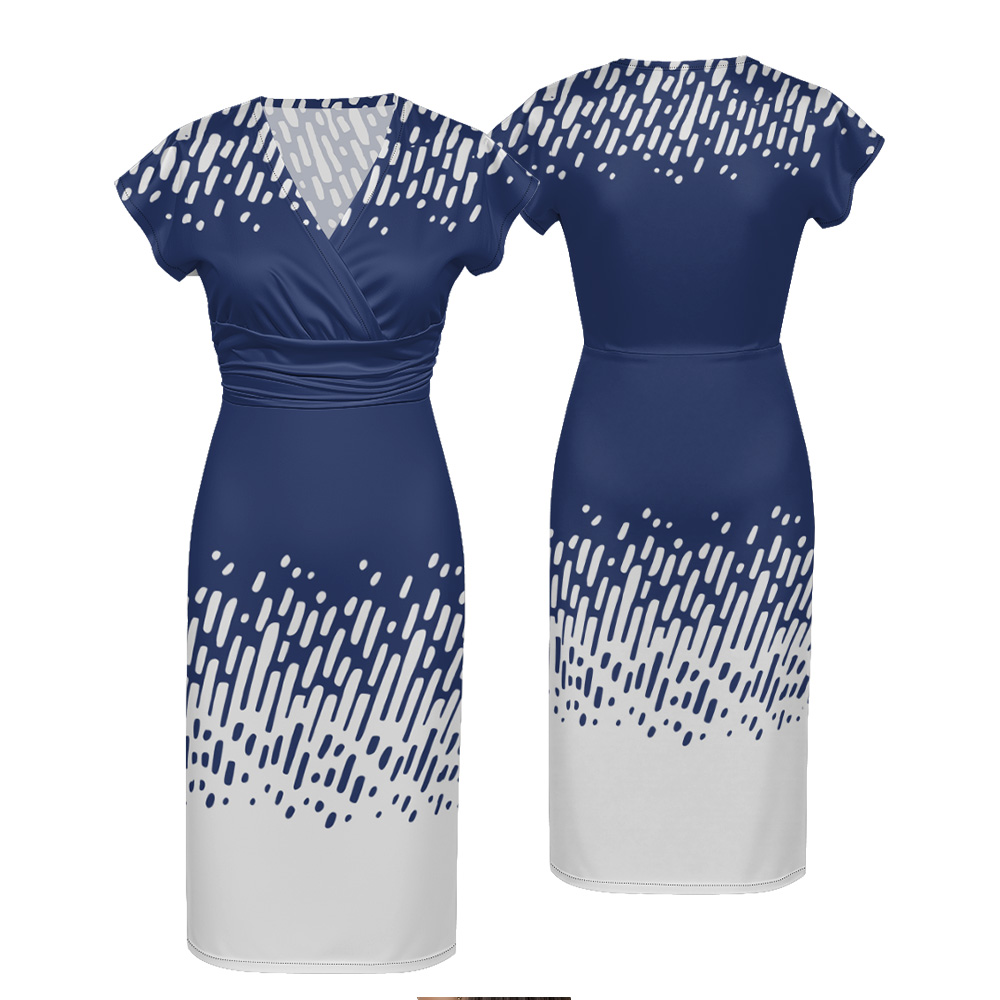 Navy White Brushstroke Cap Sleeve V-Neck Midi Dress CDE951