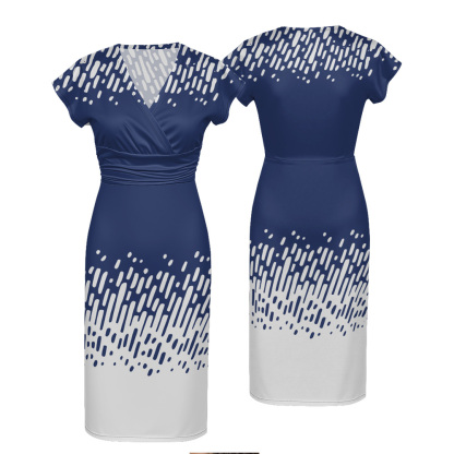 Navy White Brushstroke Cap Sleeve V-Neck Midi Dress CDE951