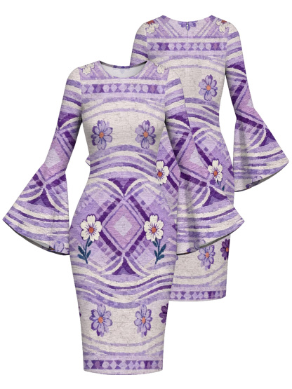 Purple Geometric Floral Flare Sleeve Bodycon Midi Dress DCB840