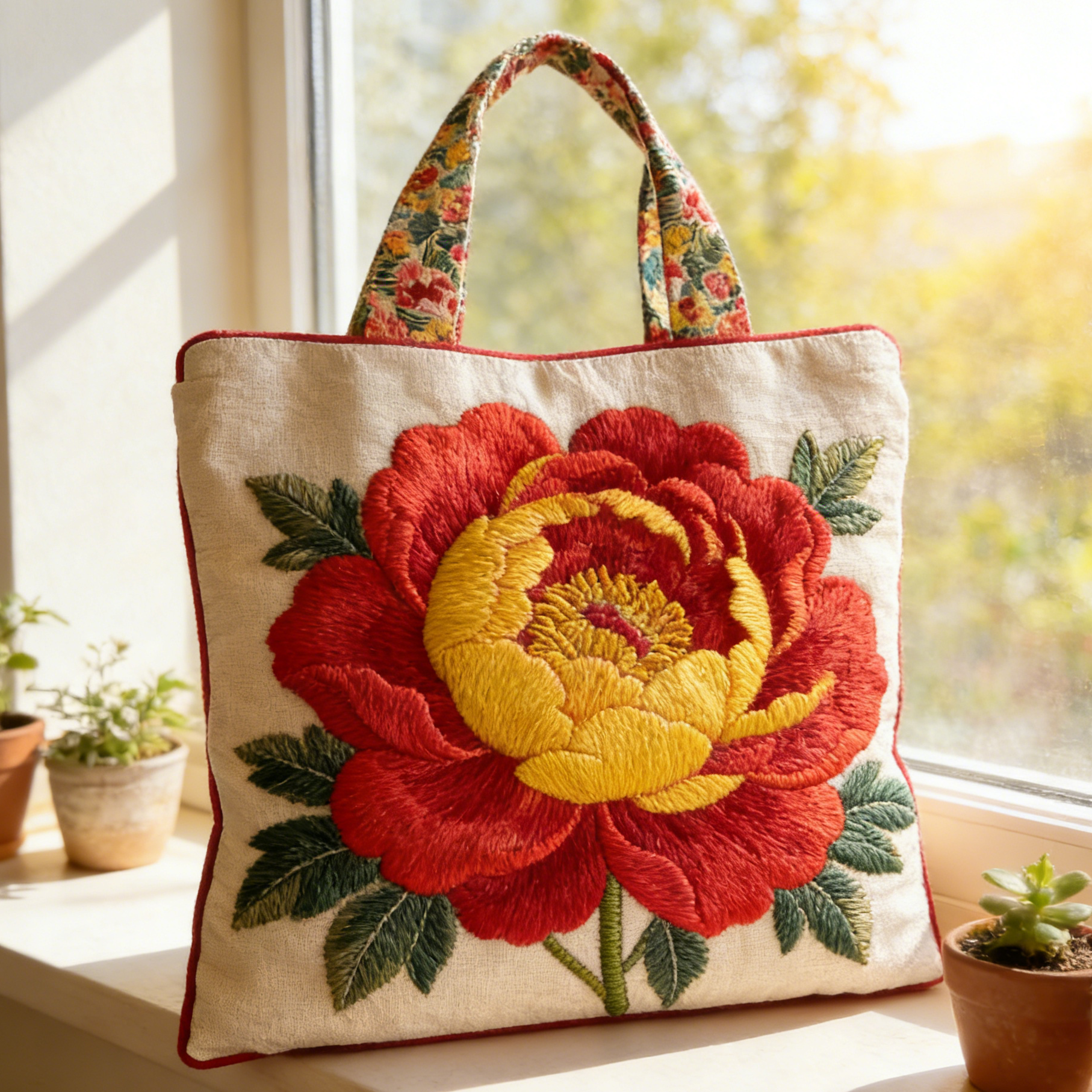 Red & Yellow Peony Quilted Tote Bag AEBJ8694