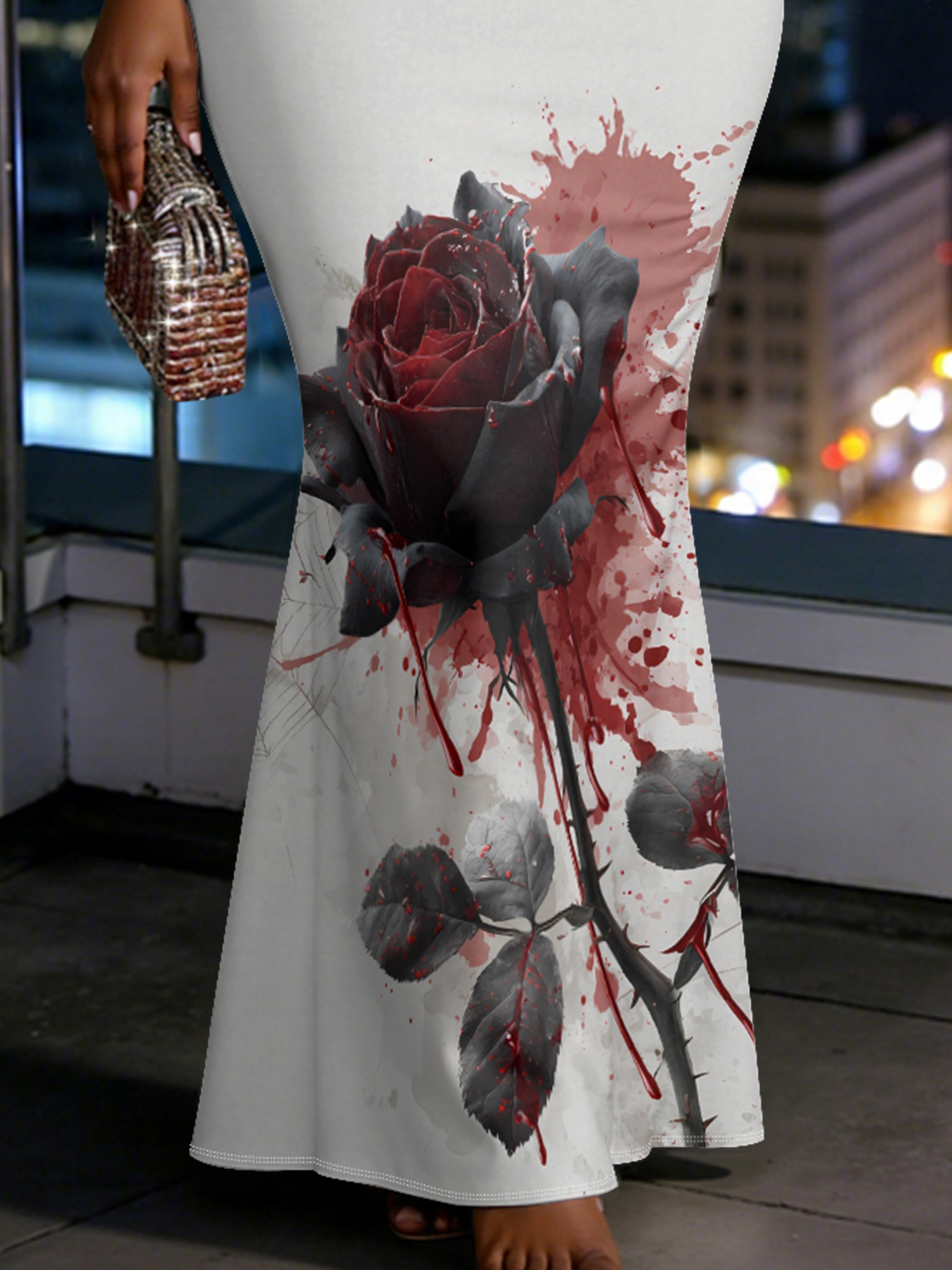 White Gothic Rose Spaghetti Strap Mermaid Dress KMPT28359