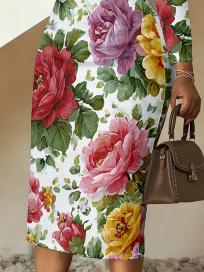 Vibrant Peony Floral V-Neck Bodycon Midi Dress TLD5241