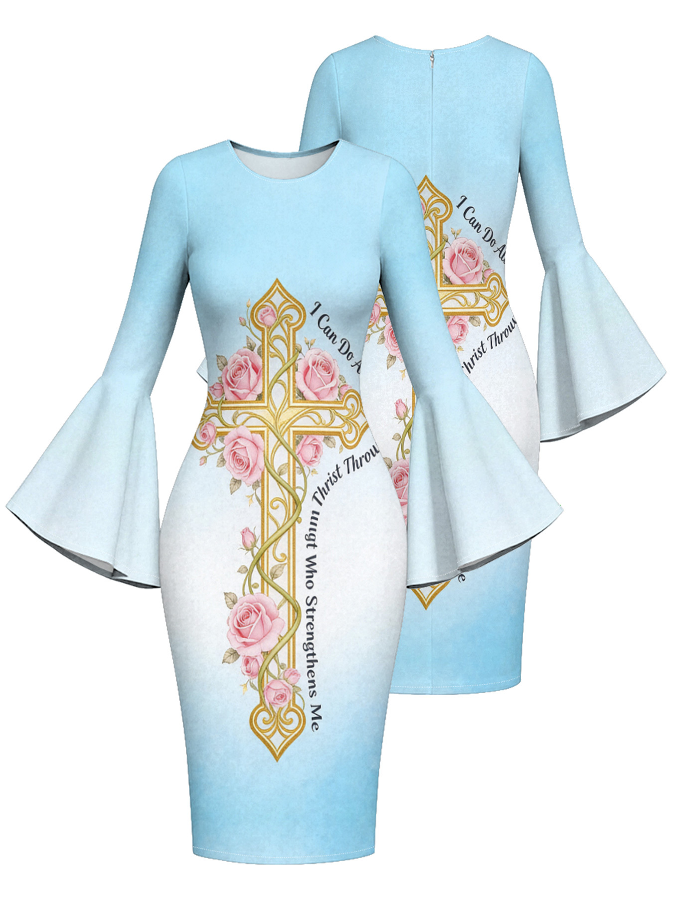 Ombre Blue-White Gold Cross Easter Flare Sleeve Bodycon Midi Dress