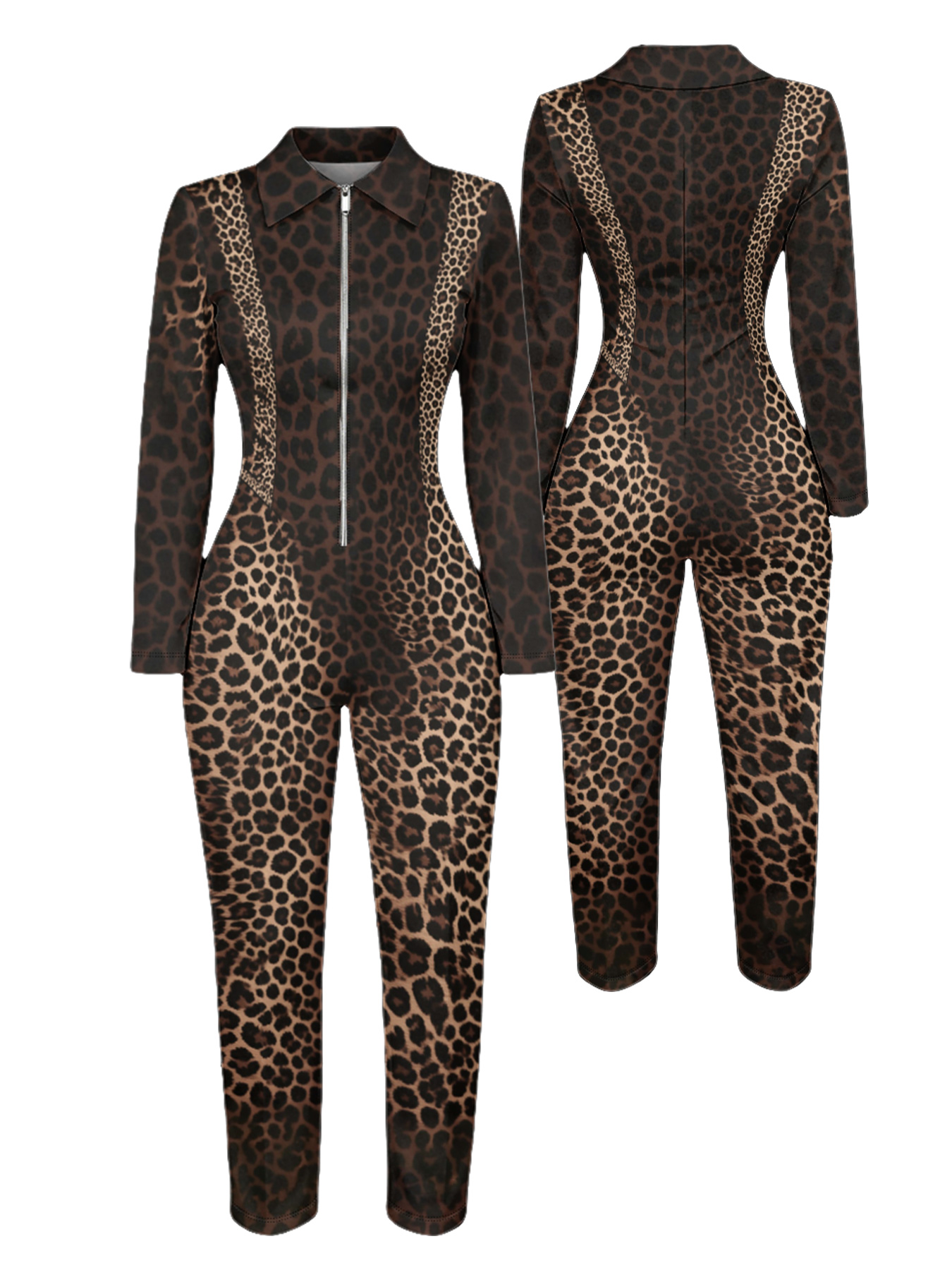 Classic Brown Leopard Long Sleeve Zip-Up Jumpsuit