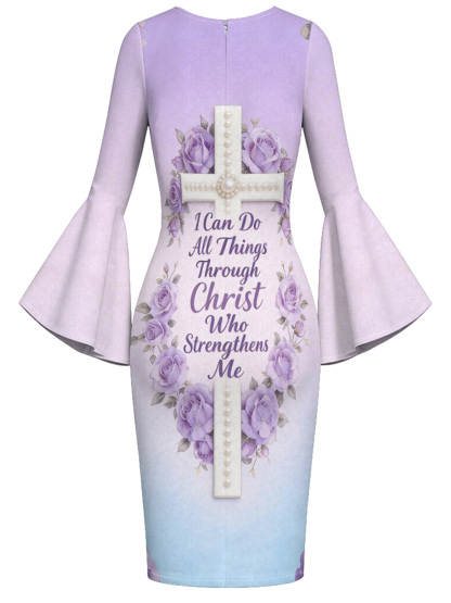 Ombre Purple-Blue Pearl Cross Easter Flare Sleeve Bodycon Midi Dress