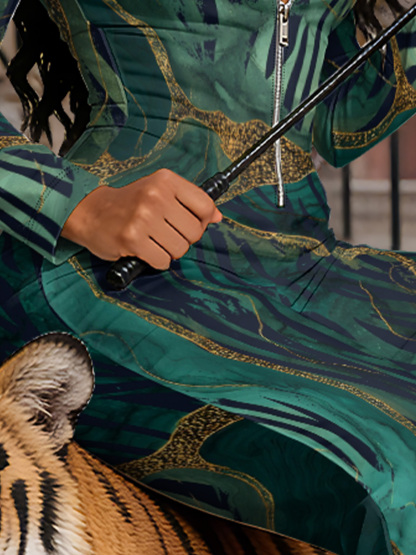 Emerald Green Marble Long Sleeve Zip-Up Jumpsuit UVW721