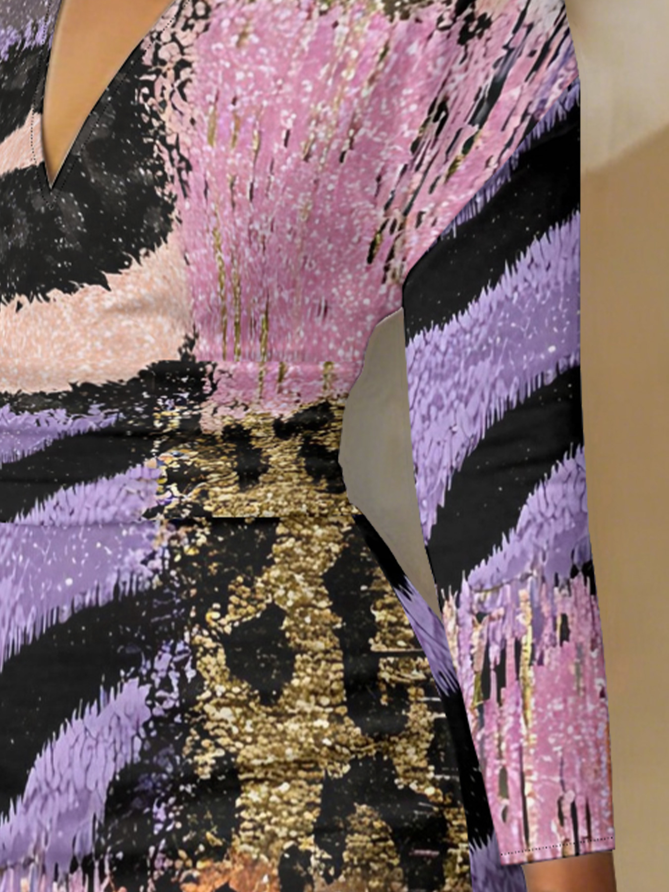 Purple Pink Gold Mixed Animal V-Neck Bodycon Midi Dress TSR642