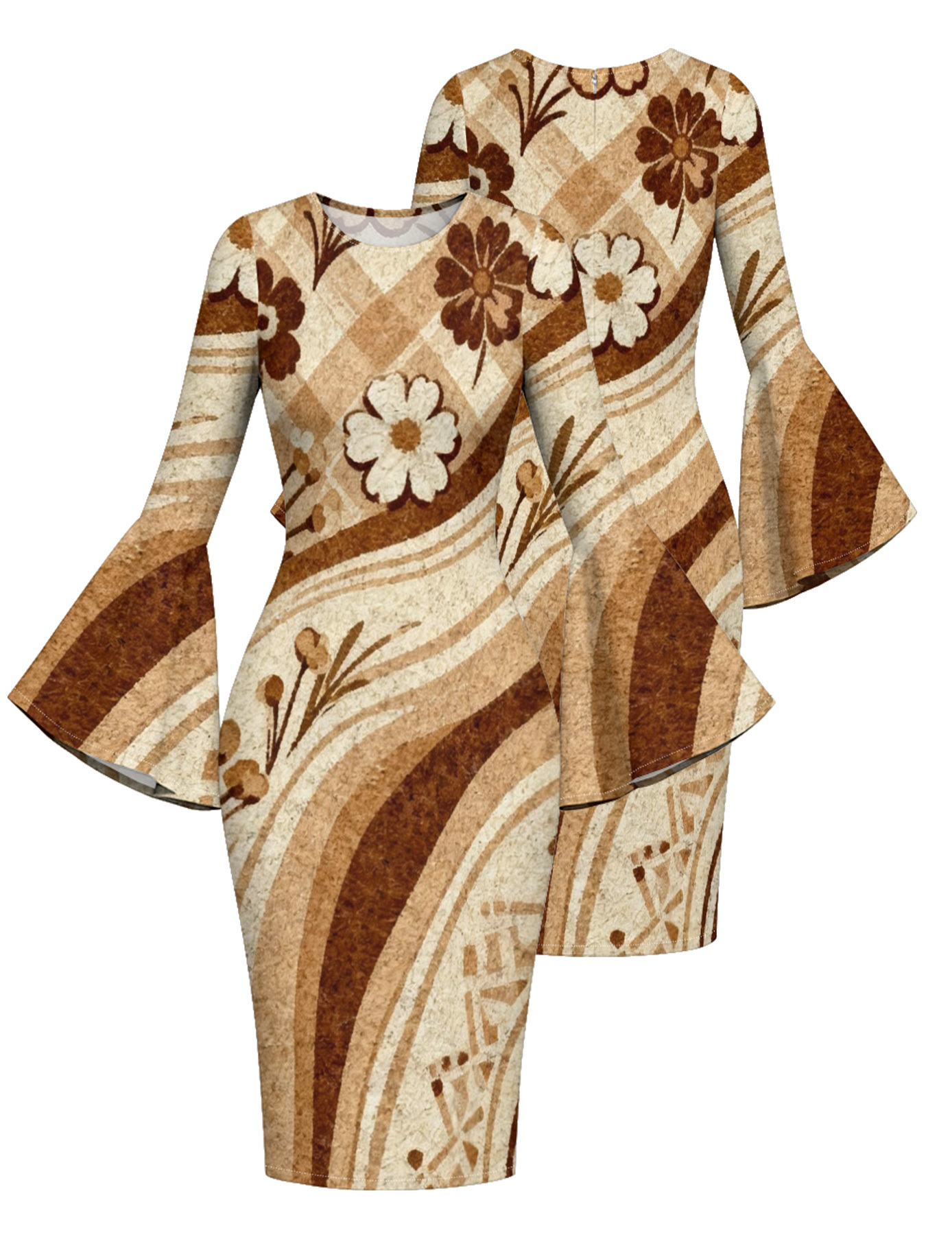 Tan Floral Stripe Flare Sleeve Bodycon Midi Dress NML963