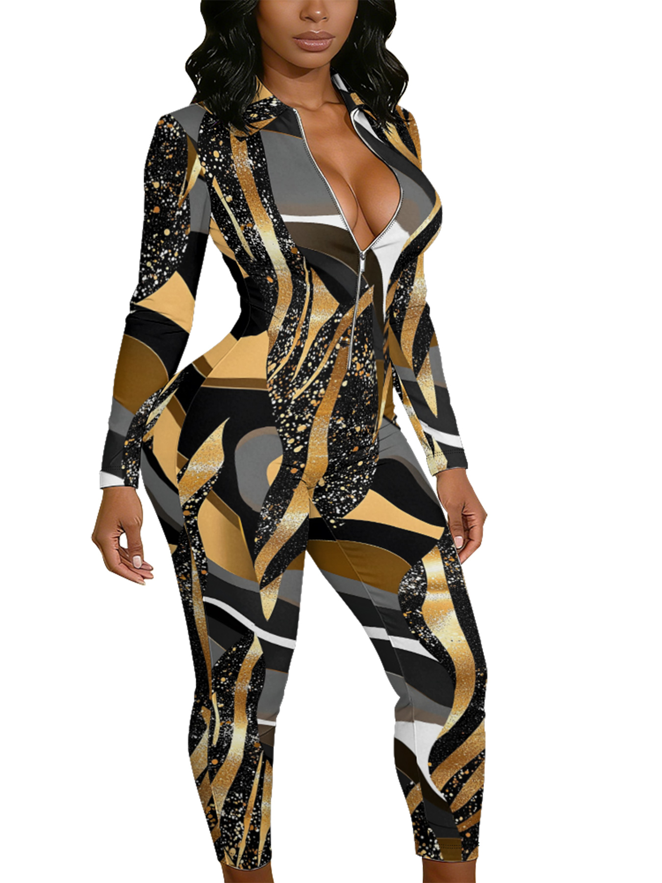 Metallic Gold Stripe Long Sleeve Zip-Up Jumpsuit STU943
