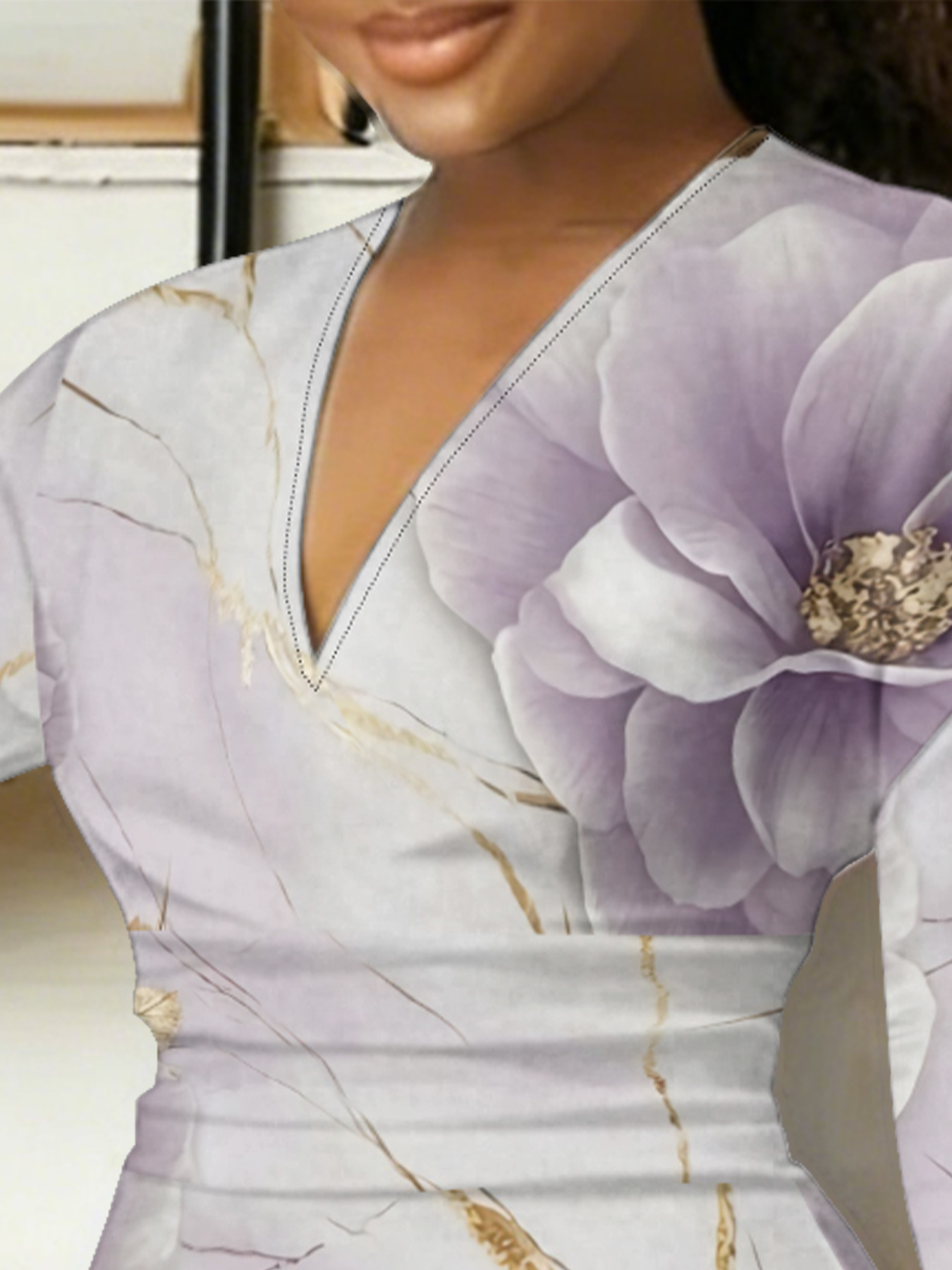 Lavender Gold Floral Marble V-Neck Bodycon Midi Dress DFG720