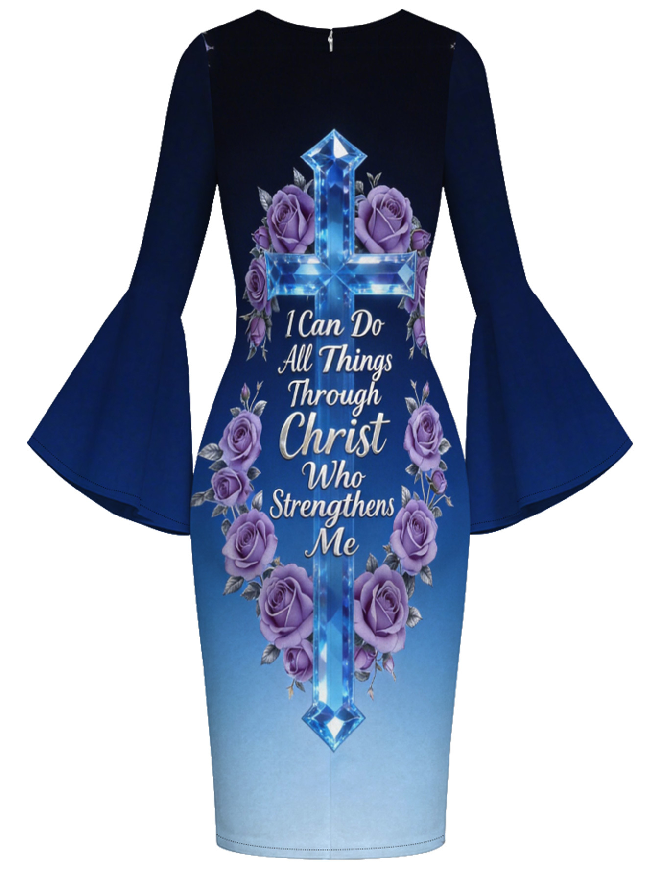 Gradient Blue Crystal Cross Easter Flare Sleeve Bodycon Midi Dress