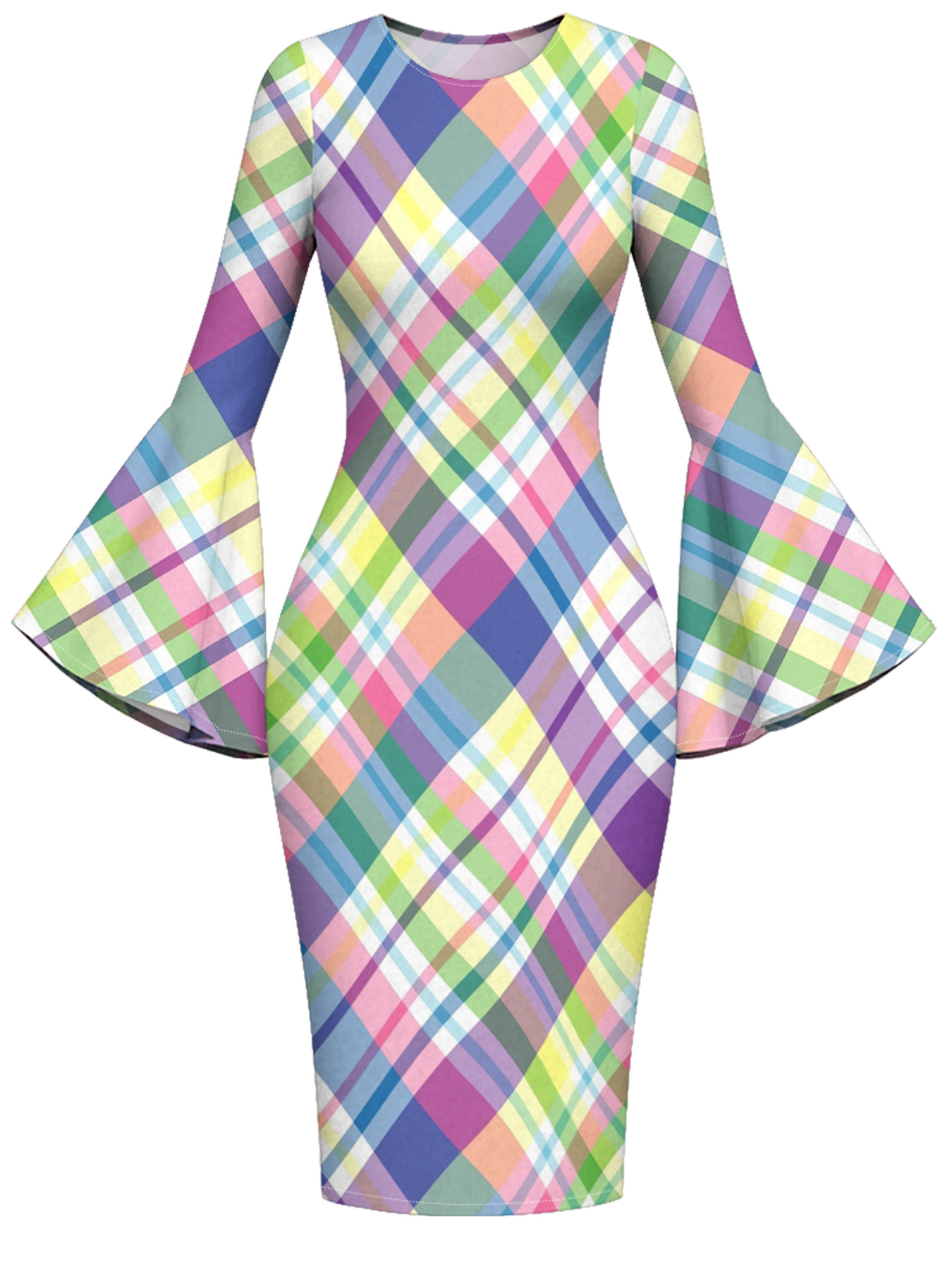 Pastel Rainbow Plaid Bell Flare Sleeve Bodycon Midi Dress