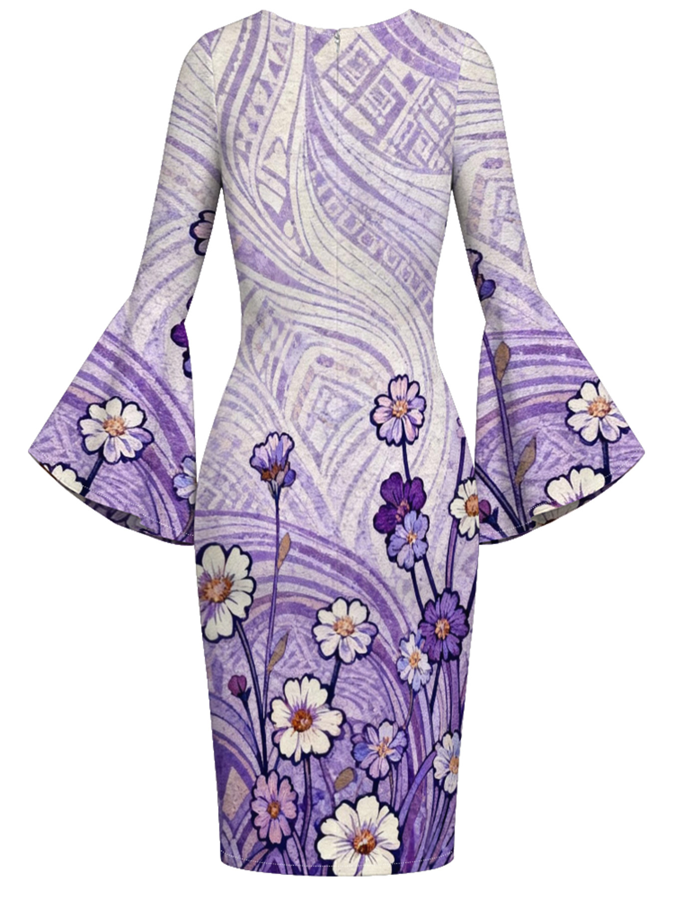 Purple Geometric Floral Flare Sleeve Bodycon Midi Dress HGF630