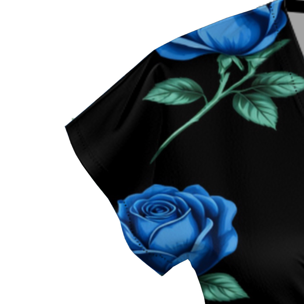 Black Blue Rose Cap Sleeve V-Neck Midi Dress