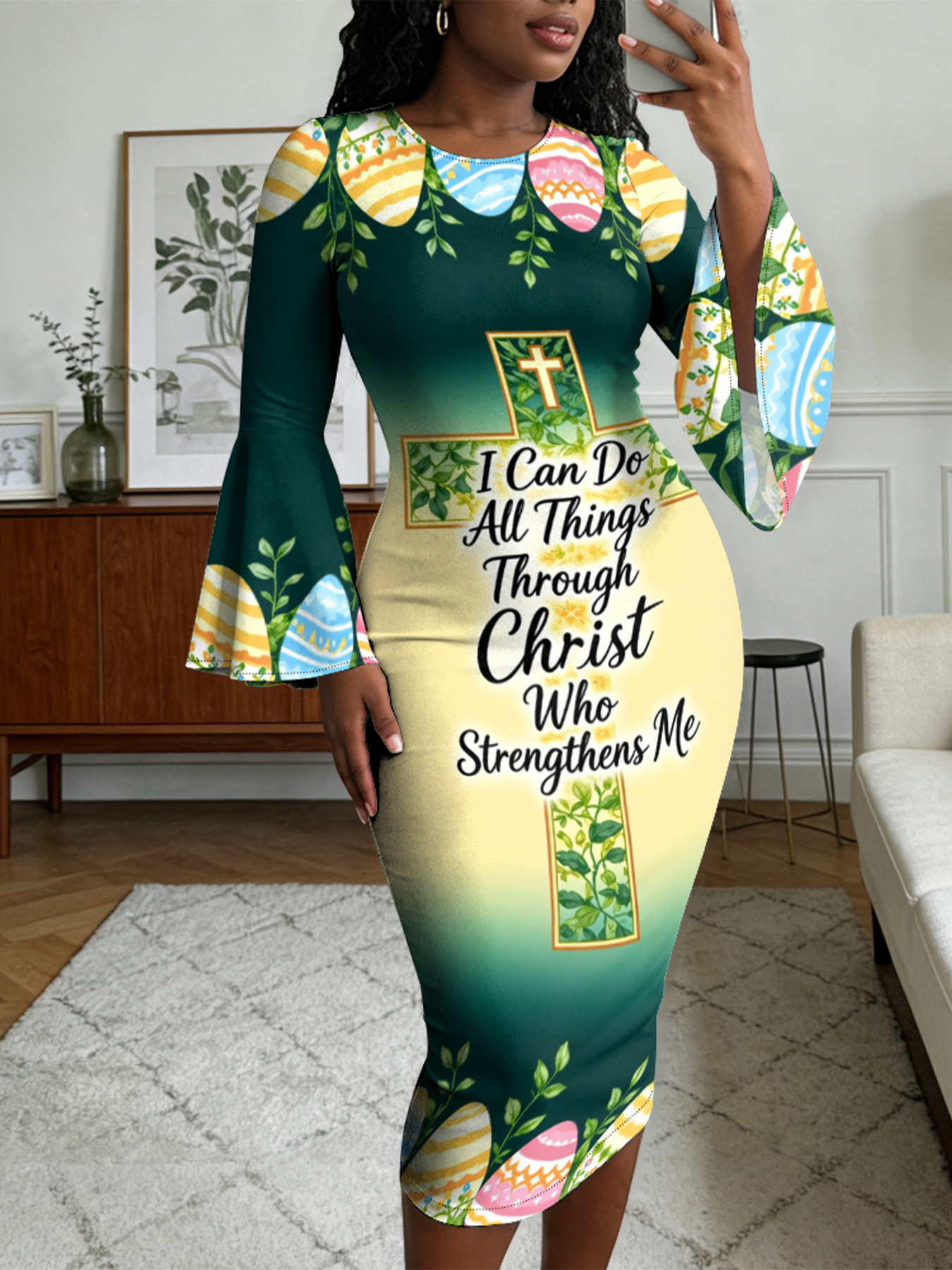 Easter Christian Cross Flare Sleeve Bodycon Midi Dress