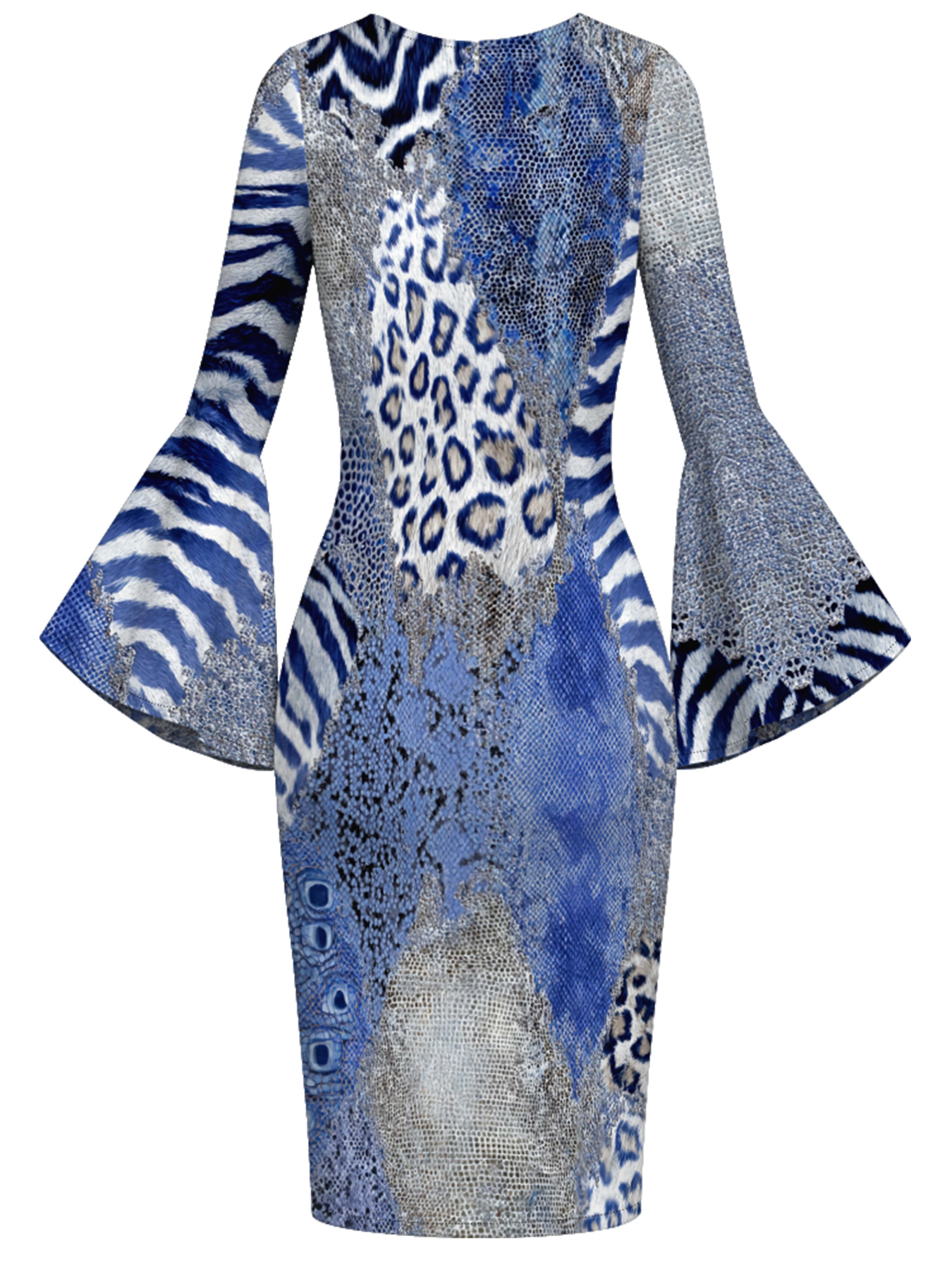 Blue Mixed Animal Print Flare Sleeve Bodycon Midi Dress