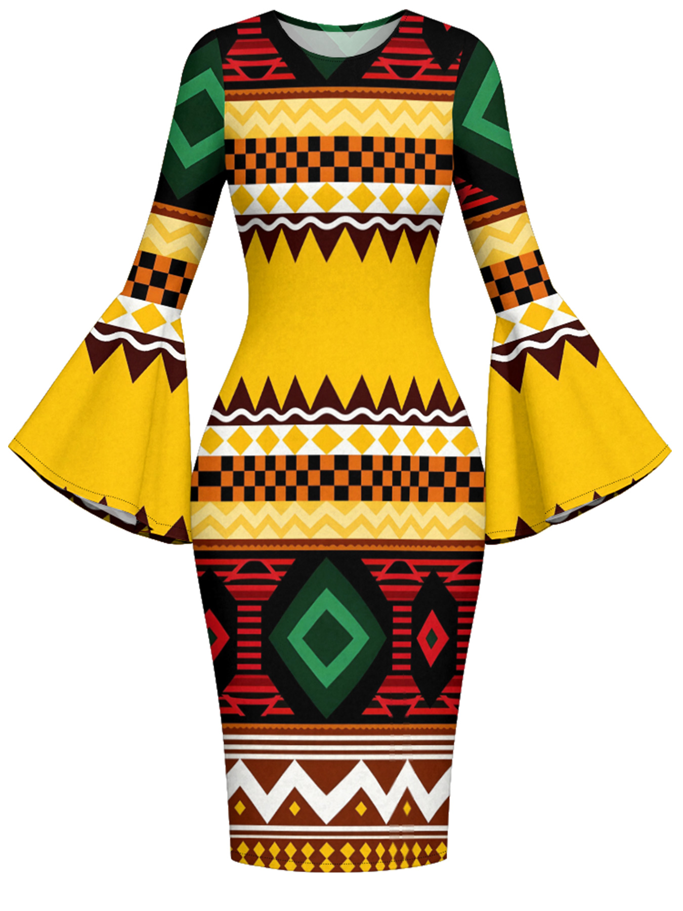 Warm-Tone Tribal Geometric Easter Flare Sleeve Bodycon Midi Dress
