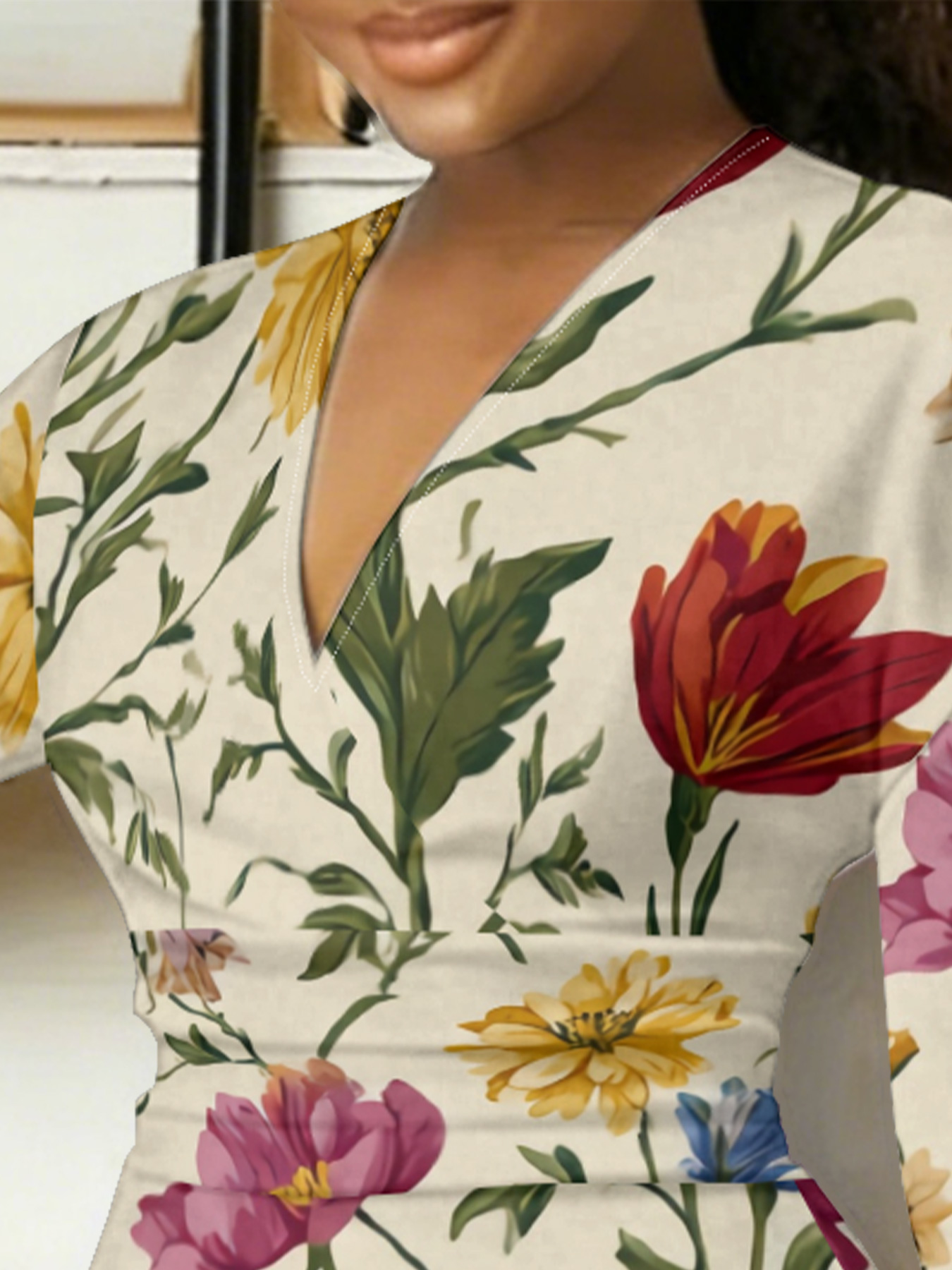 Vintage Botanical Floral V-Neck Bodycon Midi Dress ZBD1756