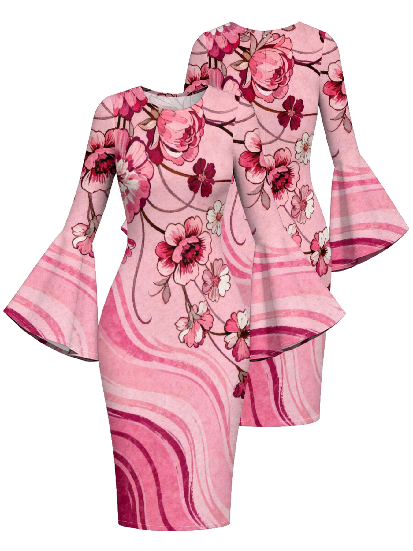 Pink Floral Swirl Bell Flare Sleeve Bodycon Midi Dress