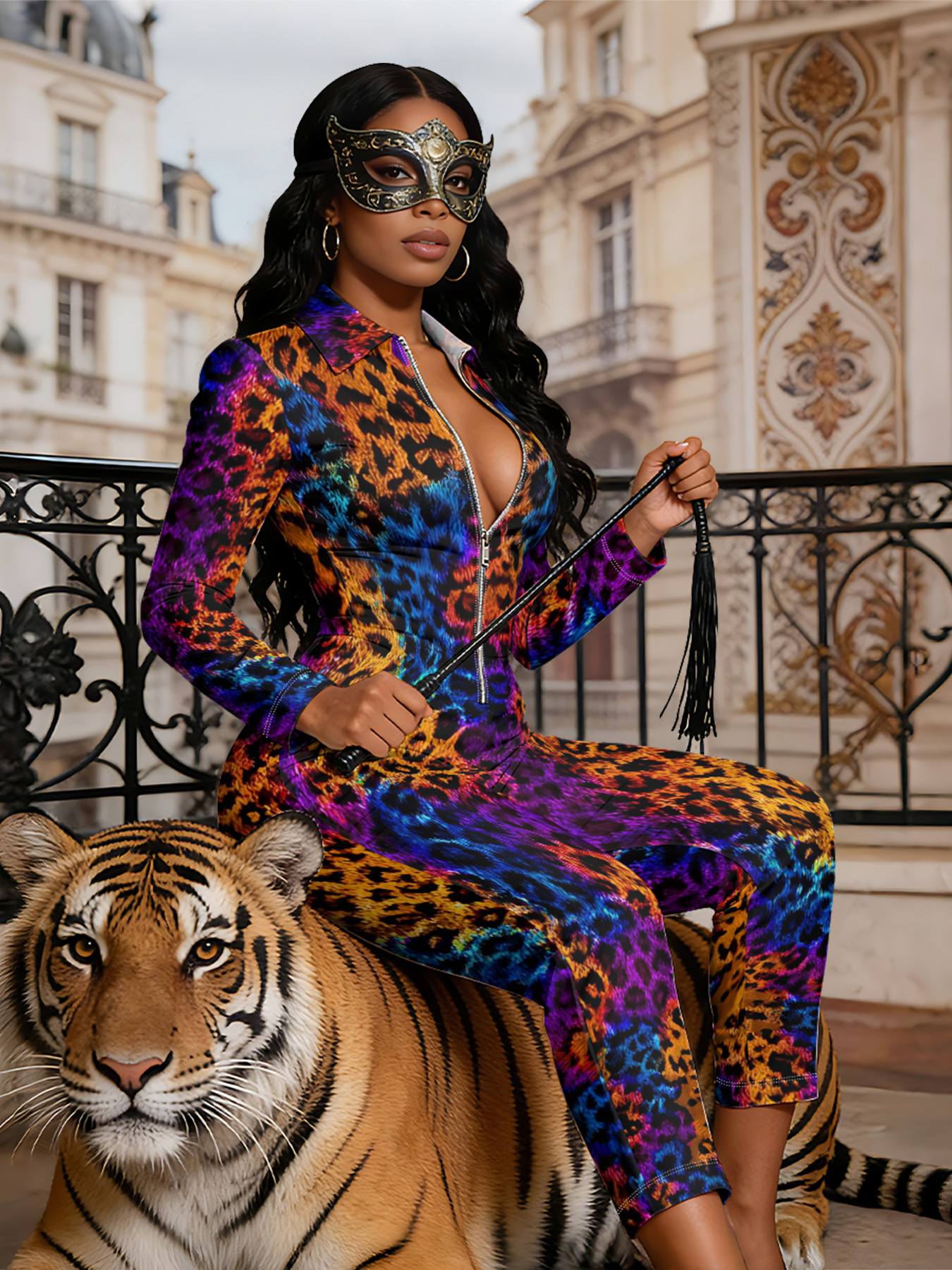 Rainbow Leopard Long Sleeve Zip-Up Jumpsuit
