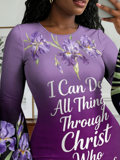 Purple Iris Faith Quote Flare Sleeve Bodycon Midi Dress