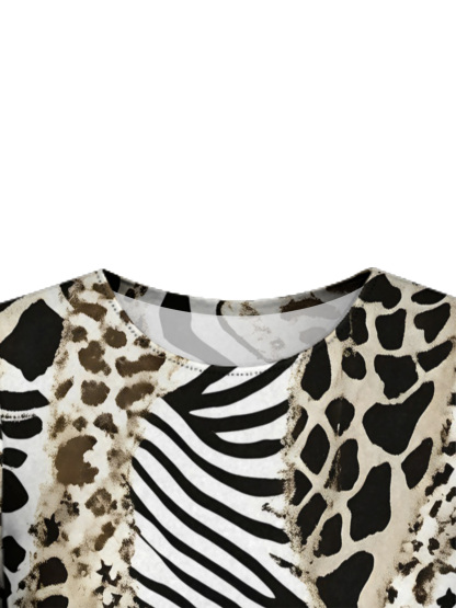 Neutral Mixed Animal Print Bell Flare Sleeve Bodycon Midi Dress