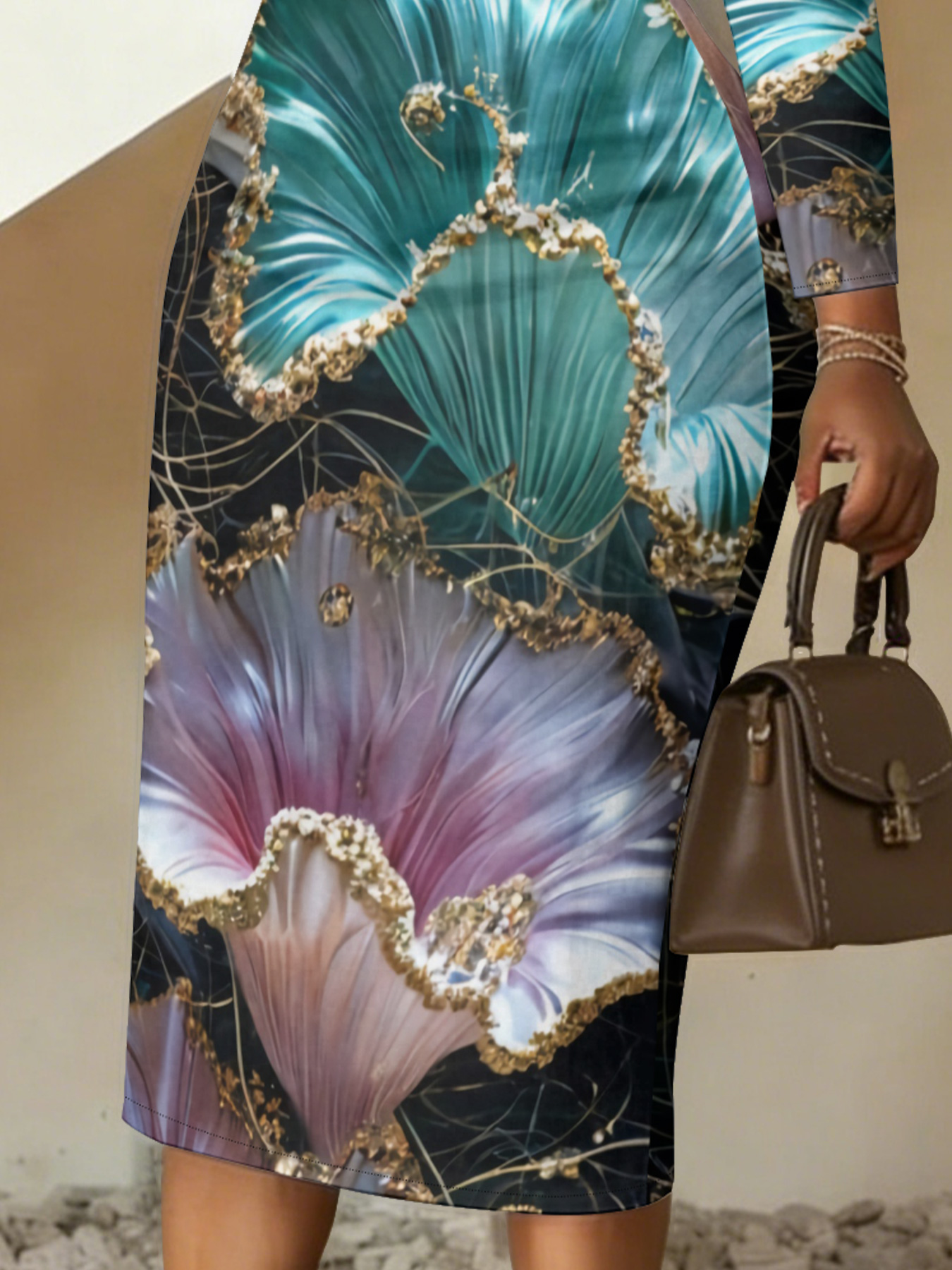 Teal Purple Gold Floral V-Neck Bodycon Midi Dress EFG930