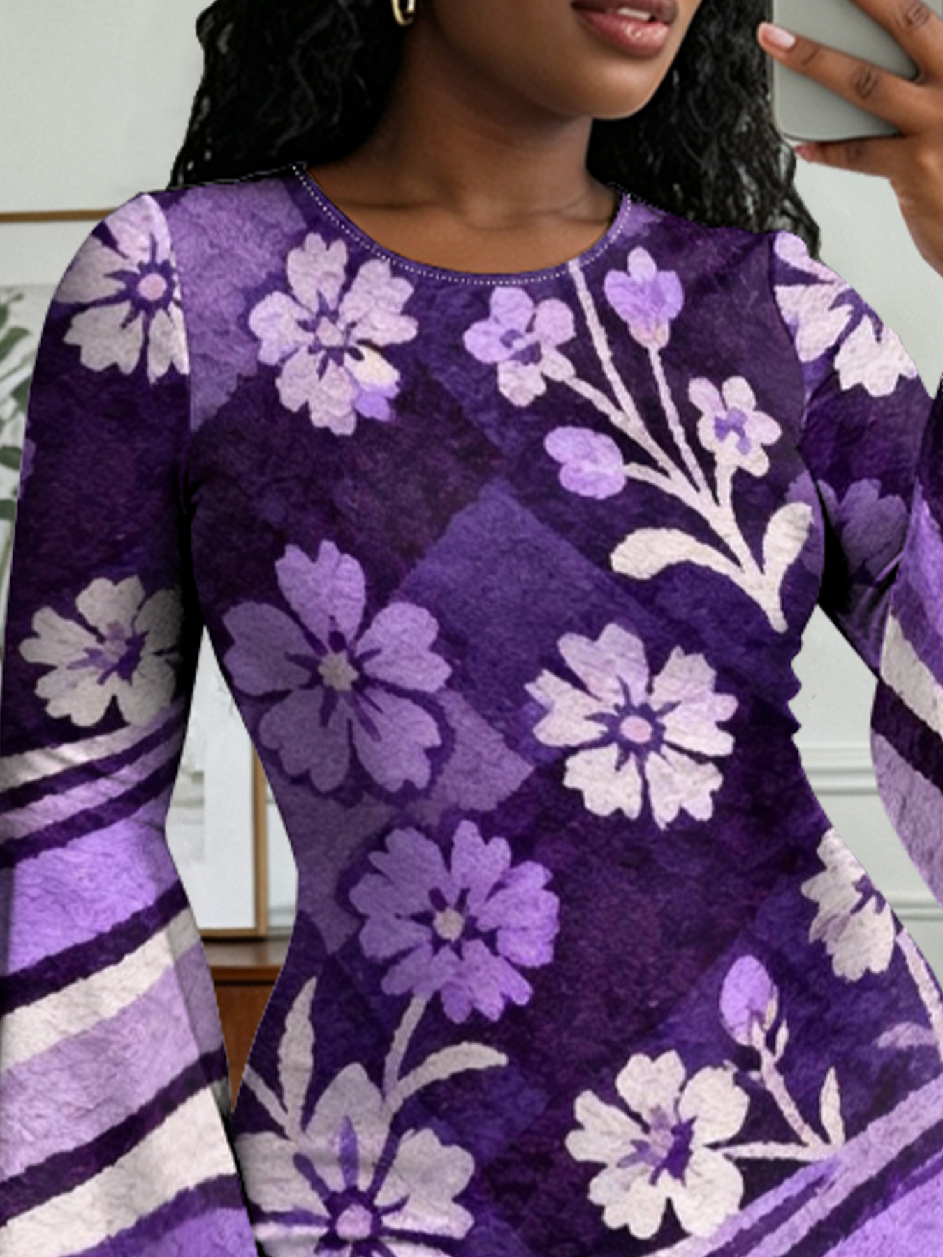 Purple Floral Stripe Flare Sleeve Bodycon Midi Dress LKJ852