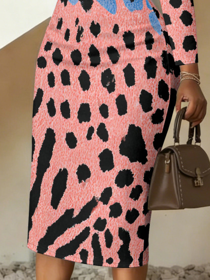 Pink Blue Mixed Animal V-Neck Bodycon Midi Dress DFI810