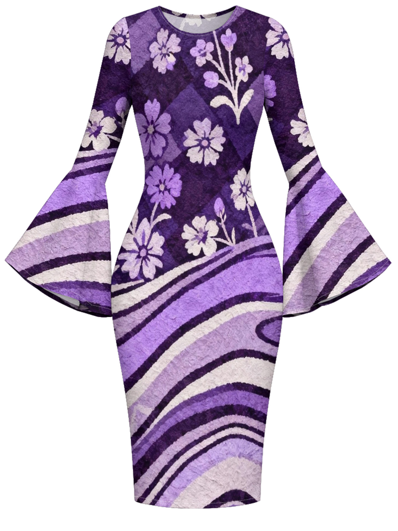 Purple Floral Stripe Flare Sleeve Bodycon Midi Dress LKJ852