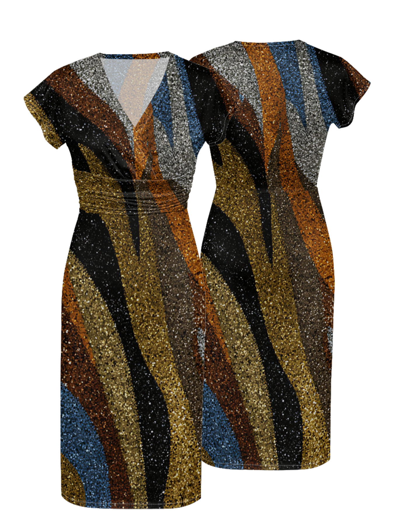 Multicolor Glitter Stripe Cap Sleeve V-Neck Midi Dress IJG7685