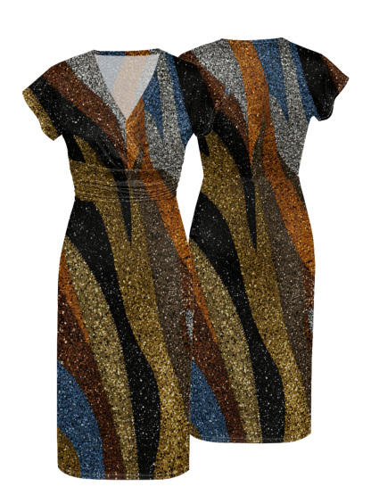 Multicolor Glitter Stripe Cap Sleeve V-Neck Midi Dress IJG7685