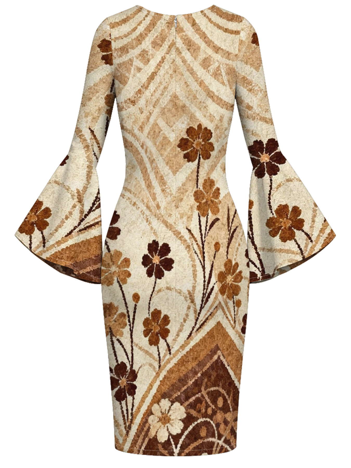 Beige Chevron Floral Flare Sleeve Bodycon Midi Dress ZYW731