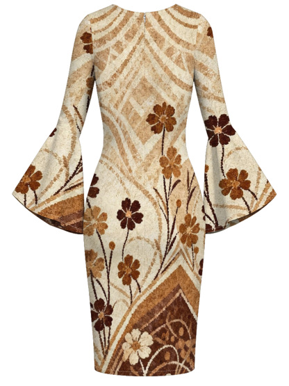 Beige Chevron Floral Flare Sleeve Bodycon Midi Dress ZYW731