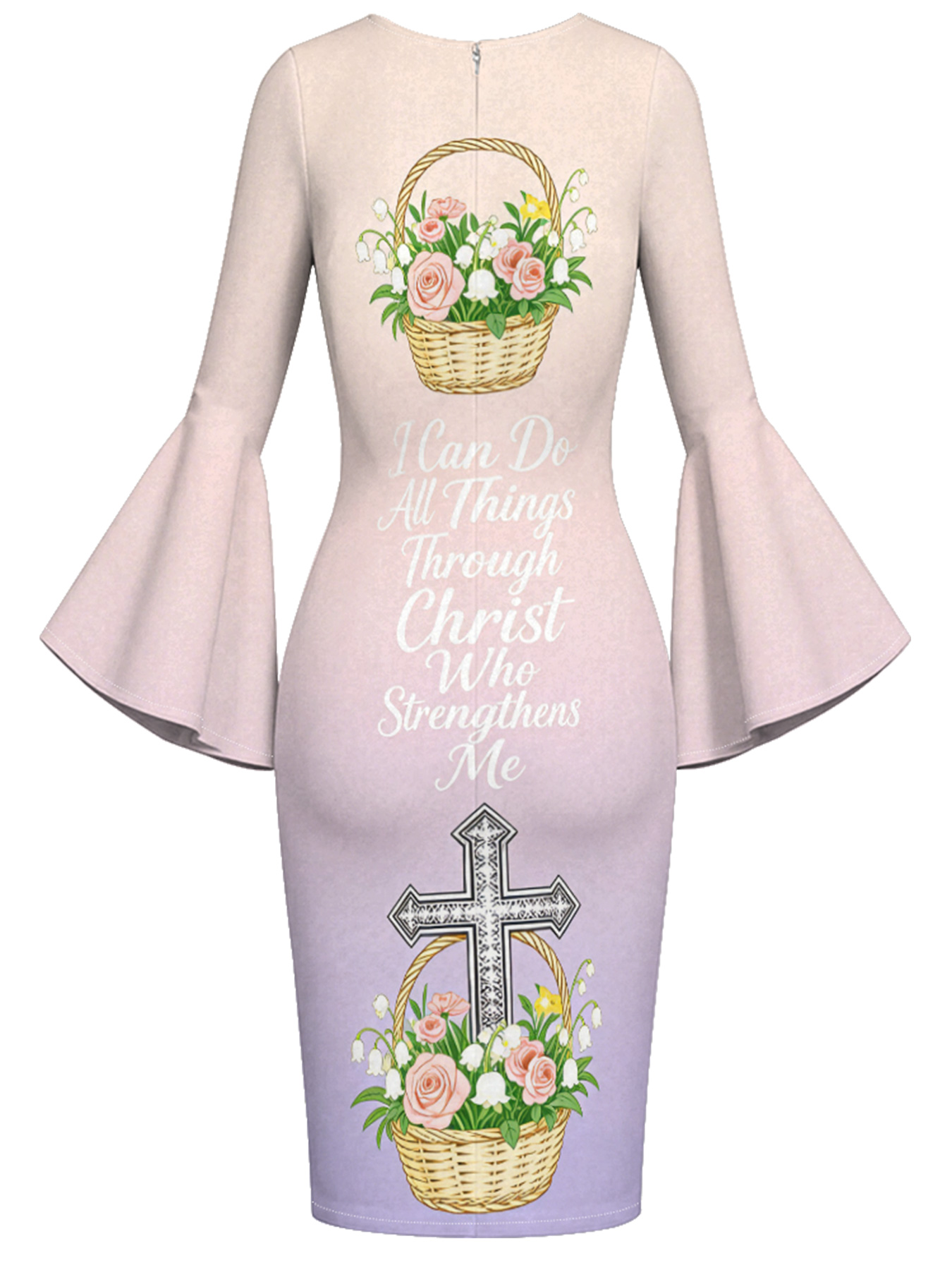Lavender Ombre Rose Cross Easter Flare Sleeve Bodycon Midi Dress