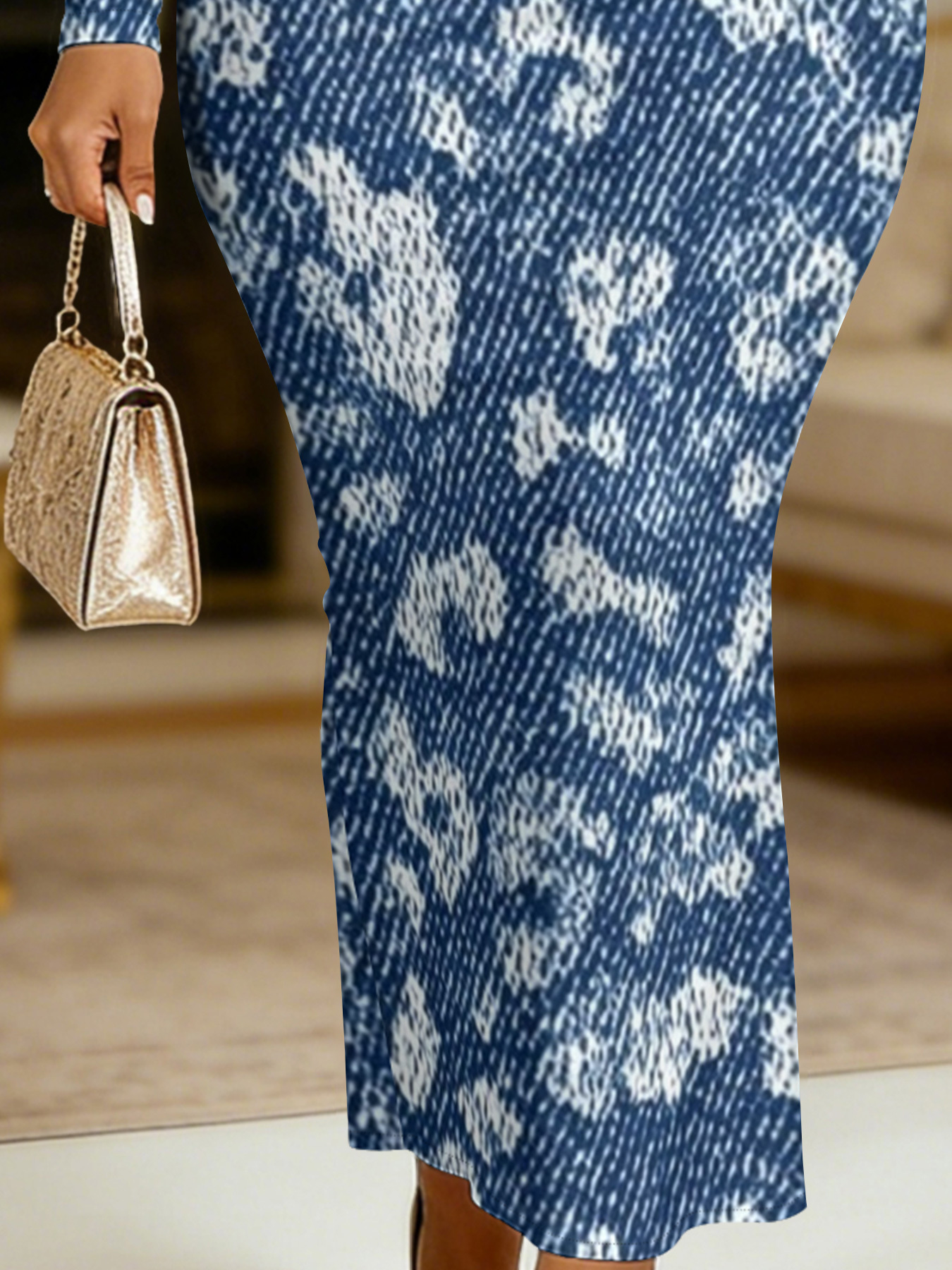 Denim Leopard Round Sleeve Neck Long Bodycon Dress UGFJ6858