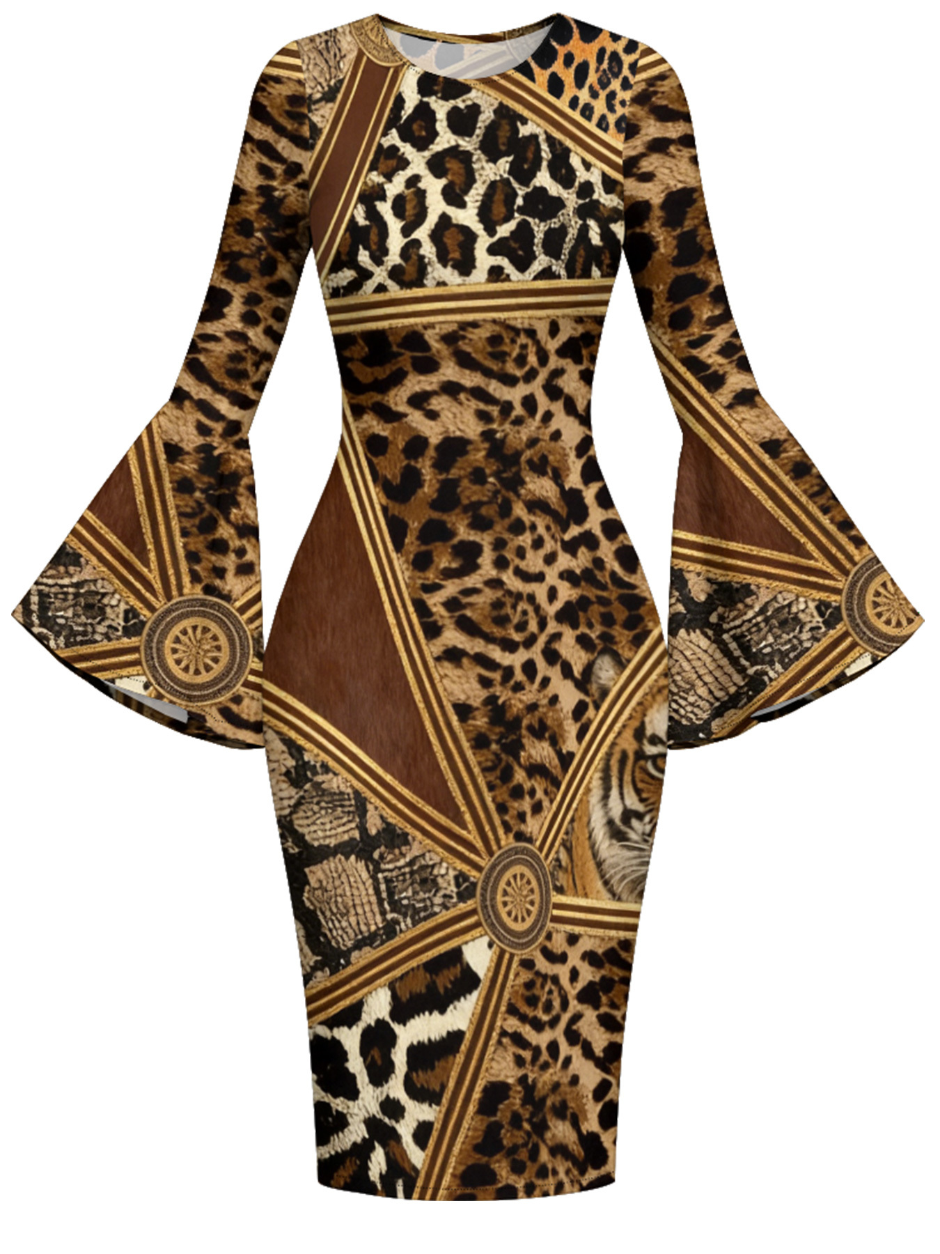 Leopard & Tribal Patchwork Flare Sleeve Bodycon Midi Dress