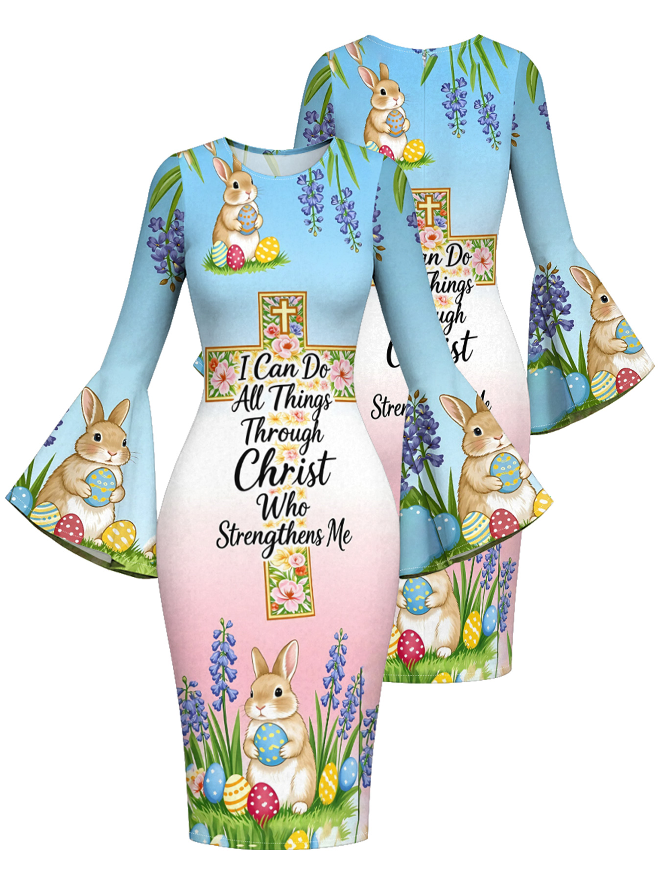 Pastel Easter Bunny Christian Cross Flare Sleeve Bodycon Midi Dress