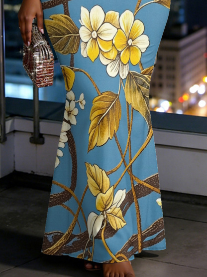 Blue & Gold Floral Spaghetti Strap Mermaid Dress BDF862