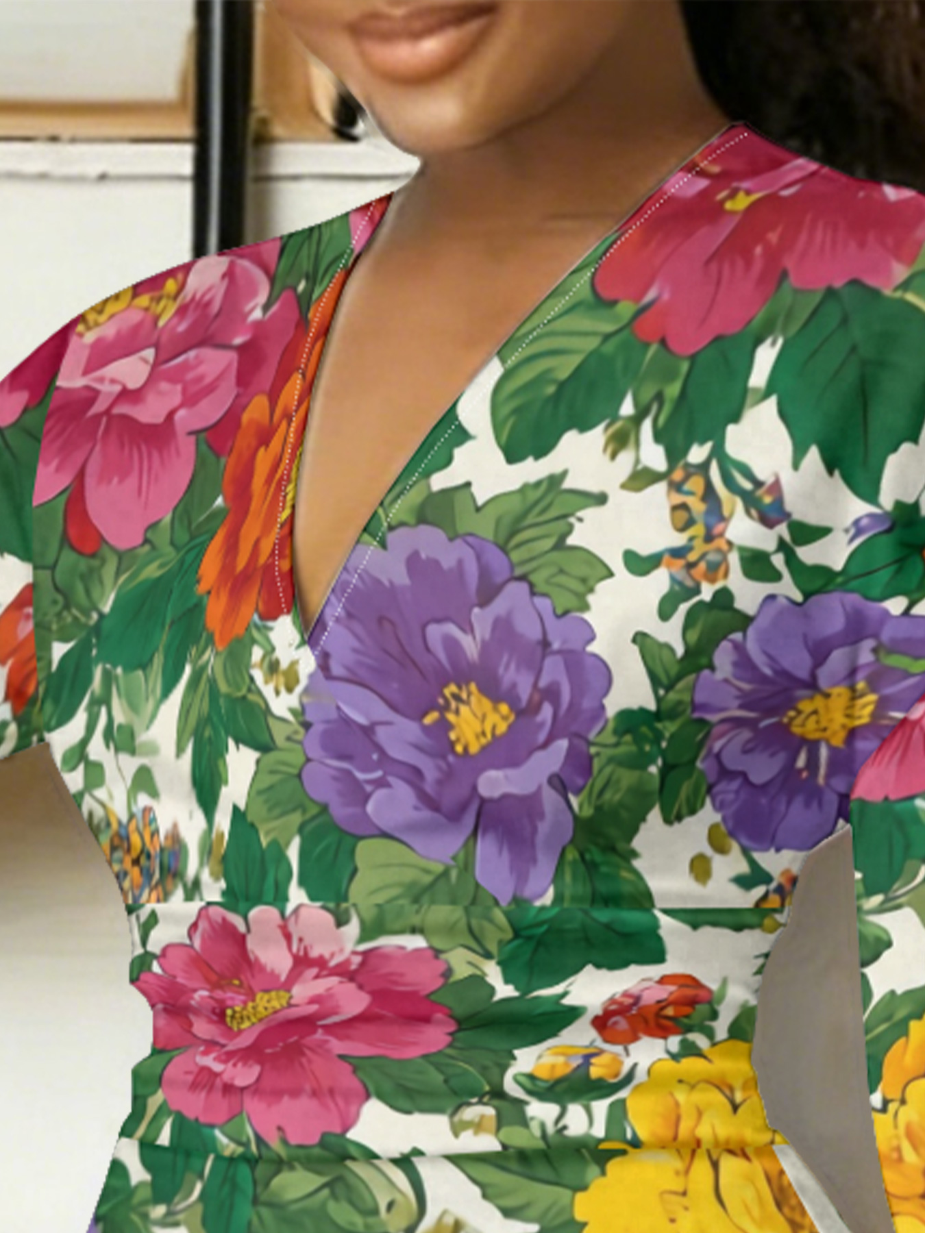 Vibrant Multicolor Floral V-Neck Bodycon Midi Dress WJN3682