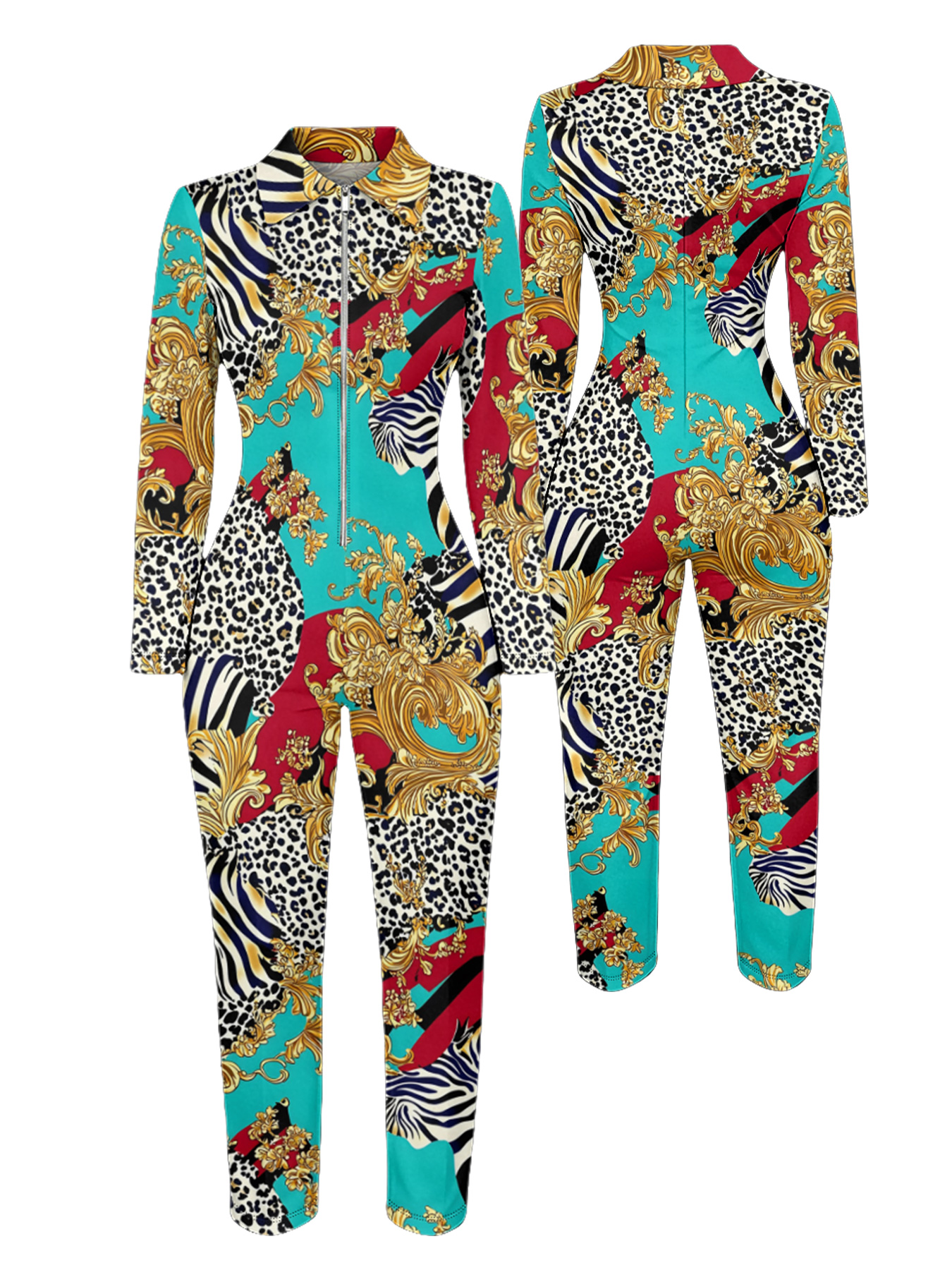 Baroque Safari Queen Long Sleeve Zip-Up Jumpsuit RST403