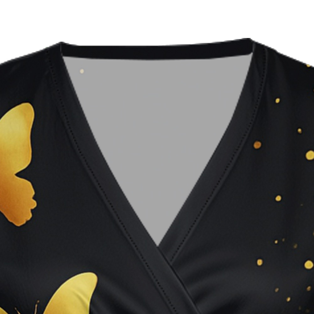 Black White Gold Butterfly Cap Sleeve V-Neck Midi Dress AEG642